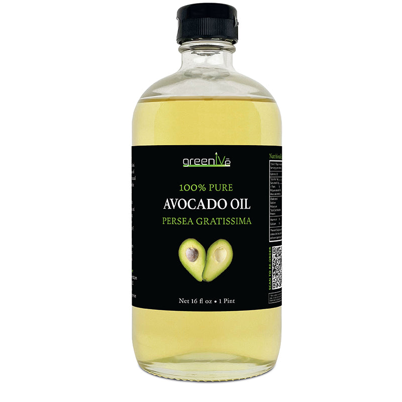 Bottle of greenlive 100% pure avocado oil on a white background