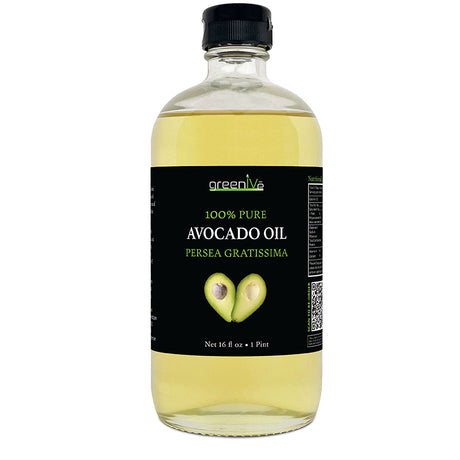 Bottle of greenlive 100% pure avocado oil on a white background