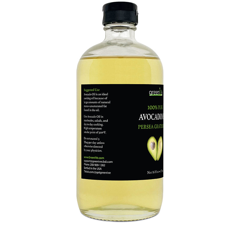 Bottle of avocado oil with a black label on a white background