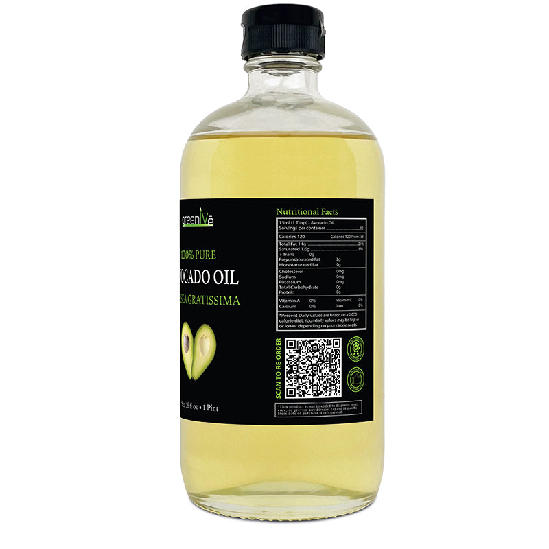 Bottle of avocado oil with a label on a white background