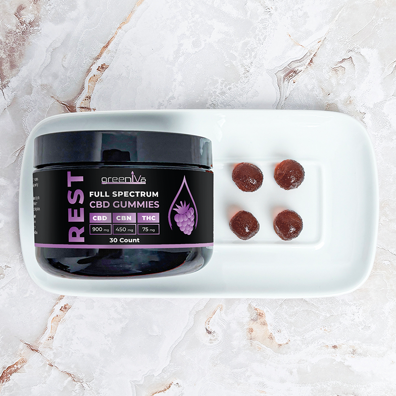 Jar of GreenIVe Rest Full Spectrum CBD Gummies on a marble surface