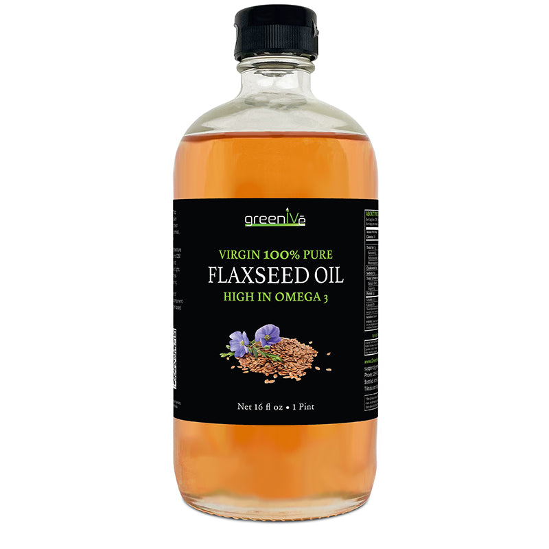 Bottle of greenive Virgin 100% Pure Flaxseed Oil on a white background