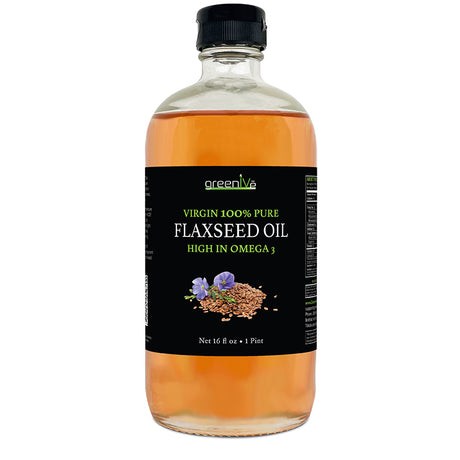 Bottle of greenive Virgin 100% Pure Flaxseed Oil on a white background
