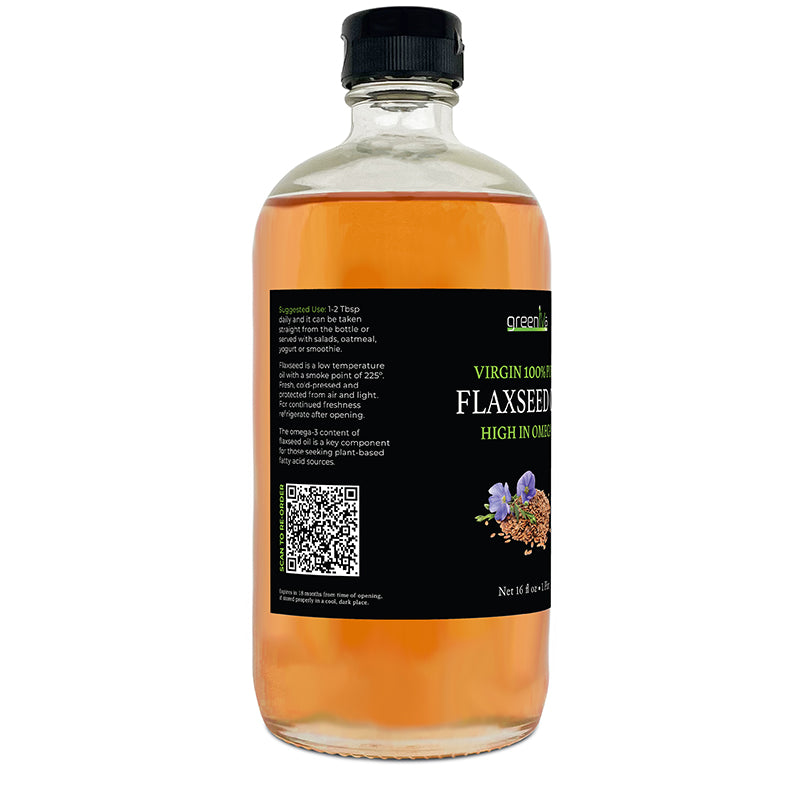 Bottle of Virgin Moon Flaxseed Oil with a black label on a white background