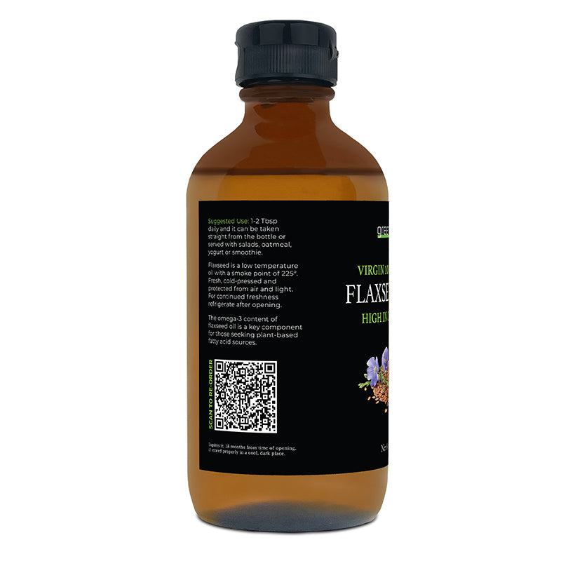 Bottle of Virginia Flaxseed Oil with a black label on a white background