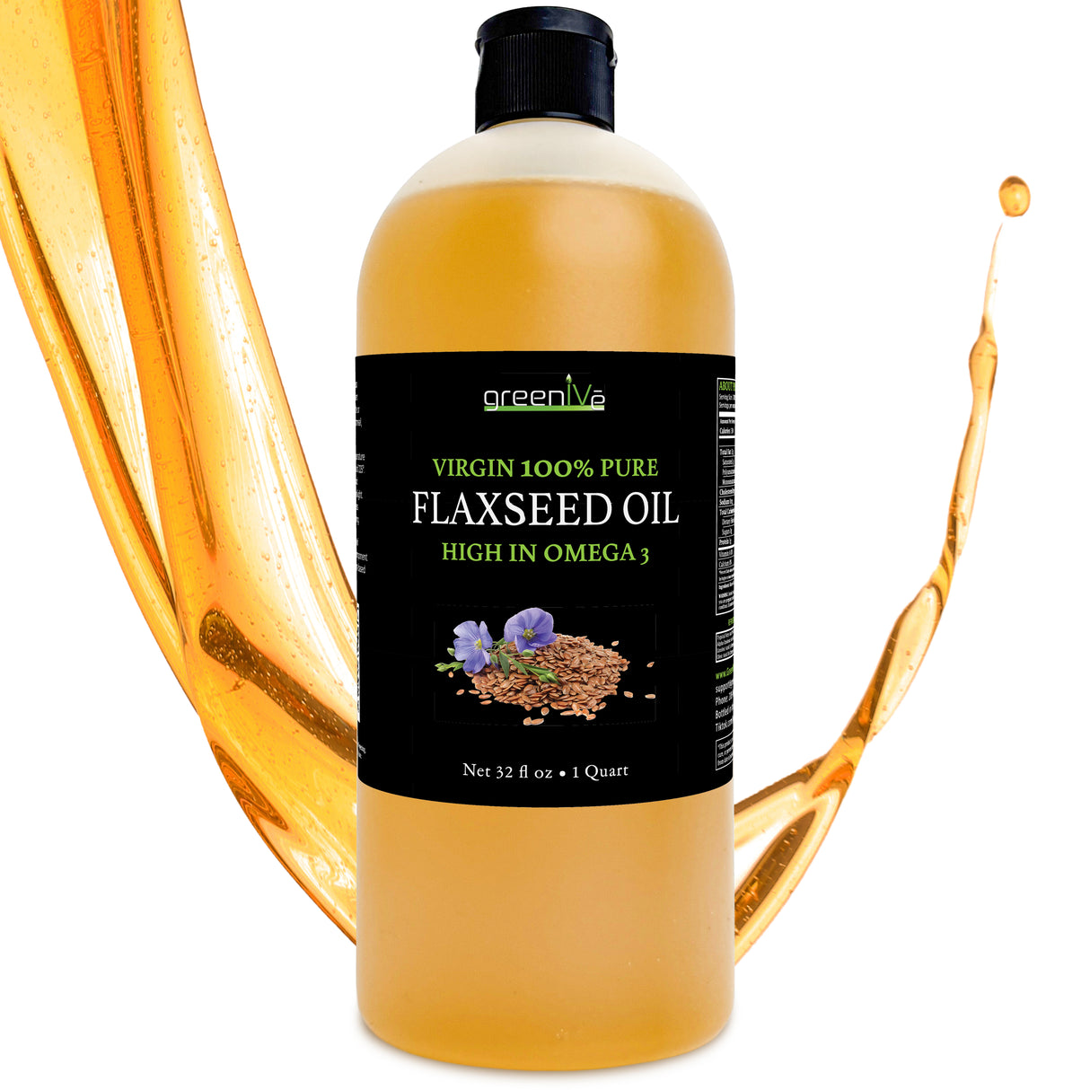A bottle of Flax Seed Oil with a label that reads '100% Pure Cold Pressed High Omegas'. The background shows a splash of oil, emphasizing the product's purity and cold pressing process.