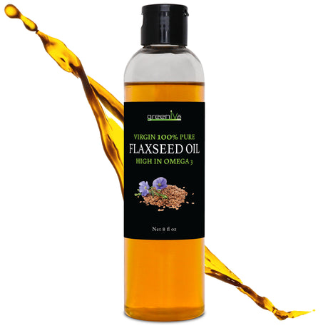 A bottle of Flax Seed Oil with a label that reads '100% Pure Cold Pressed High Omegas'. The background shows a splash of oil, emphasizing the product's purity and cold pressing process.