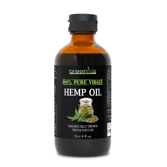 Bottle of greeniva 100% Pure Virgin Hemp Oil on a white background