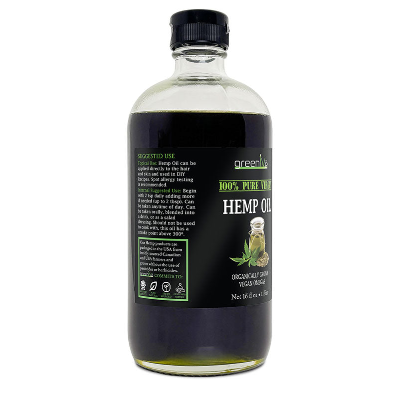 Bottle of hemp oil with a black label on a white background
