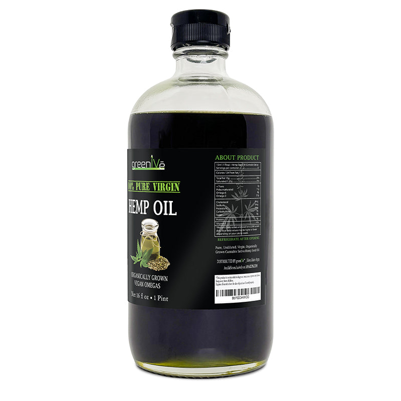 Bottle of hemp oil with a label on a white background