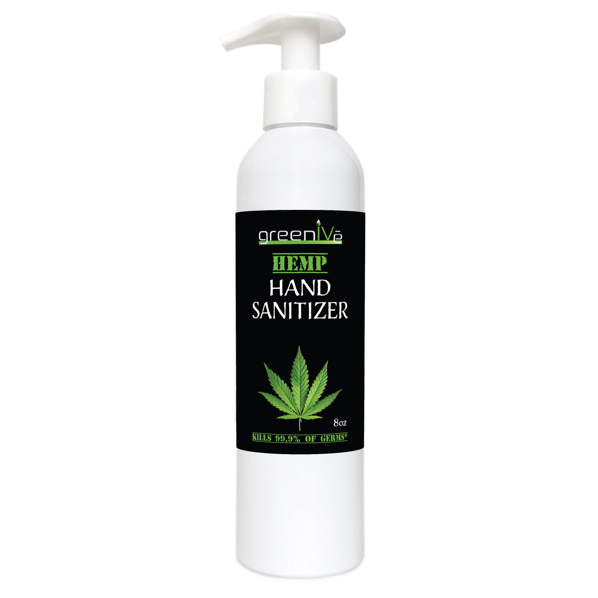 Hand sanitizer bottle with a green leaf logo on a white background
