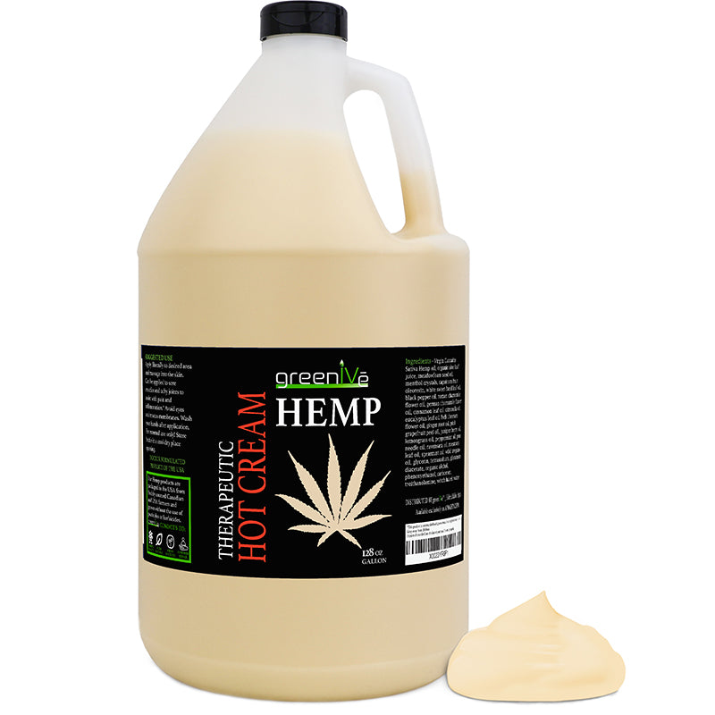 GreenIVe Hemp Hot Cream 1 gallon with plopp outside the bottle