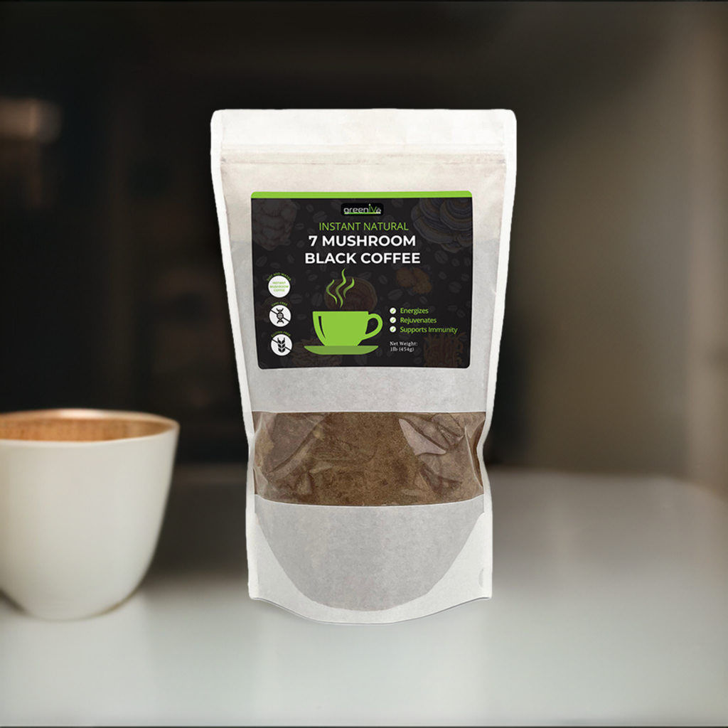 Mushroom coffee on table next to a cup