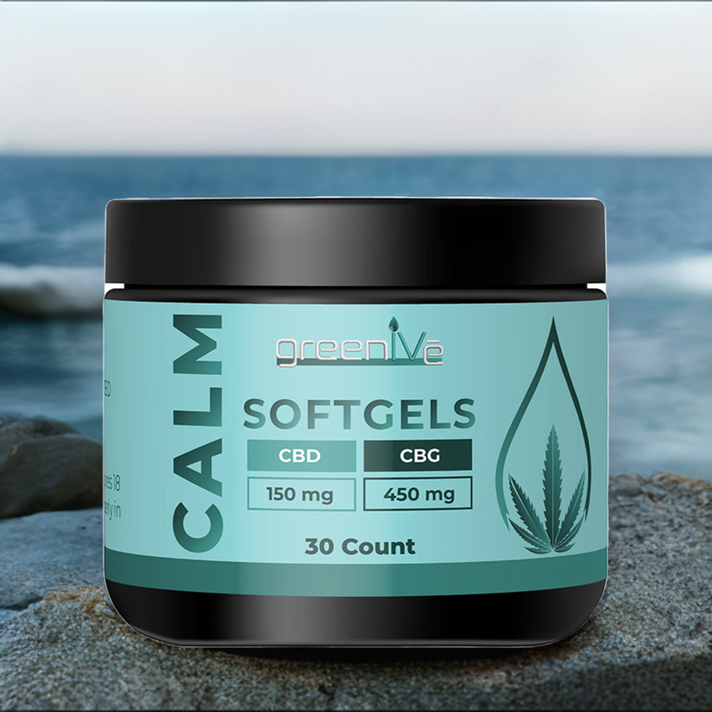 Calm CBD + CBG Softgels on a beach