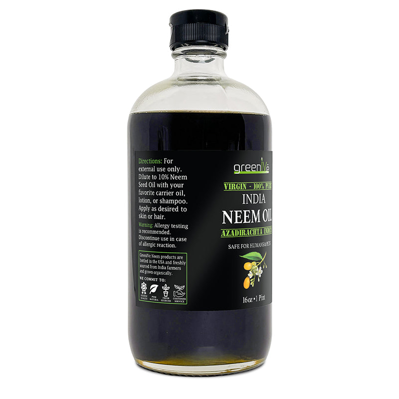 Bottle of greenlife Indian Neem Oil on a white background