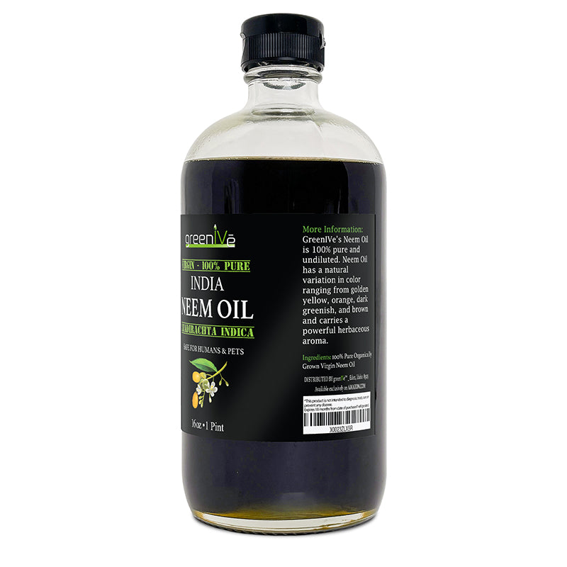Bottle of India Neem Oil with a black label on a white background