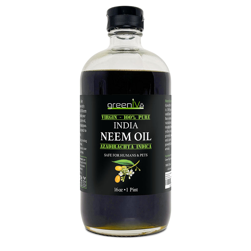 Bottle of greenlive India Neem Oil on a white background