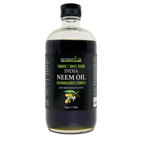Bottle of greenlive India Neem Oil on a white background