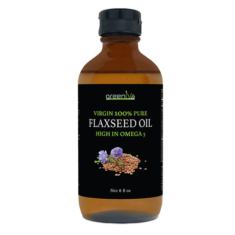 Bottle of greenlive Virgin 100% Pure Flaxseed Oil on a white background