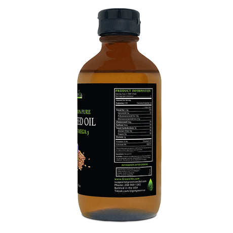 Bottle of seed oil with a black label on a white background