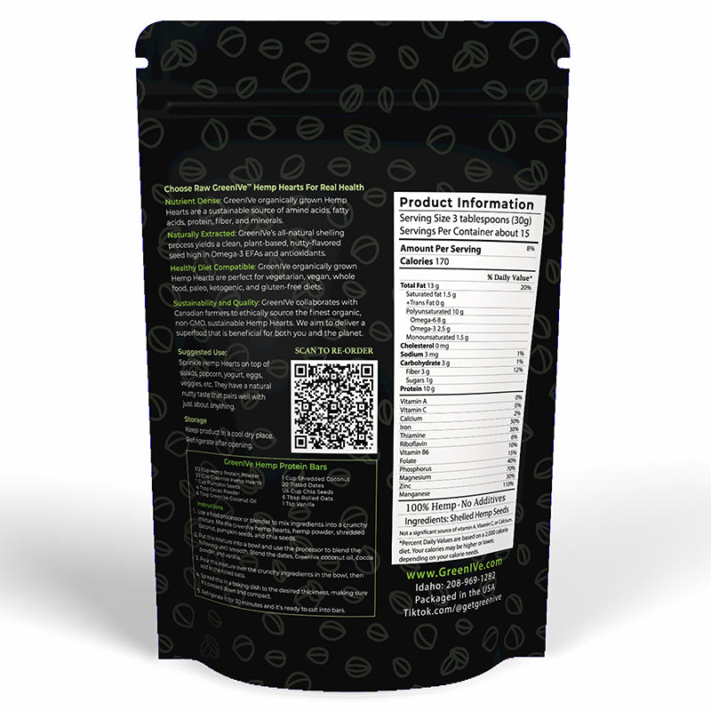 GreenIVe Hemp Hearts back information