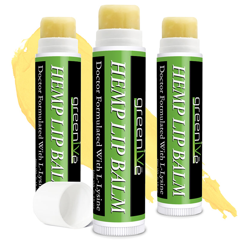 Three Greeniva Hemp Lip Balm sticks on a white background