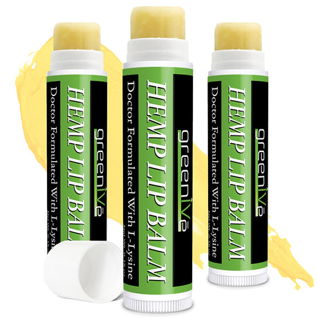 Three Greeniva Hemp Lip Balm sticks on a white background