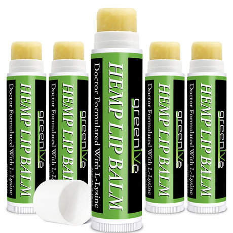 Five Green Liv Hemp Lip Balms on a white background