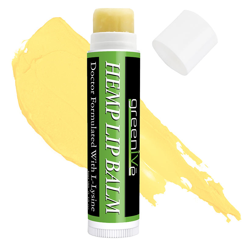 Hemp lip balm with green label on a white background