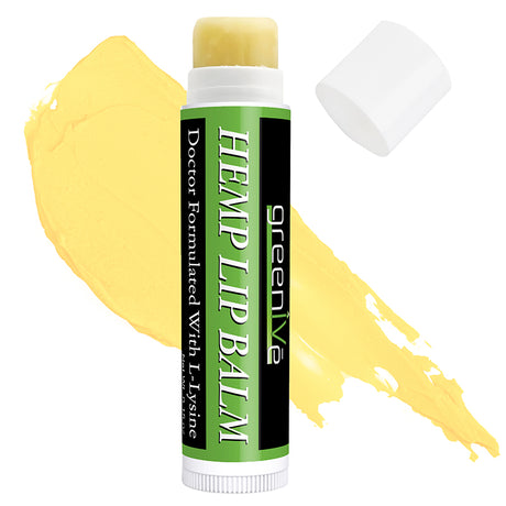 Hemp lip balm with green label on a white background