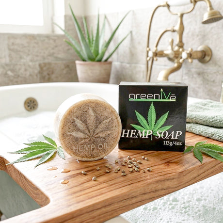 GreenIVe Hemp Soap Bar on bath tub tray