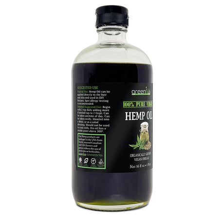 Bottle of hemp oil with a black label on a white background