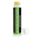 Green lip balm stick with a white cap on a white background
