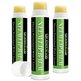 Three green lip balm sticks with visible branding on a white background