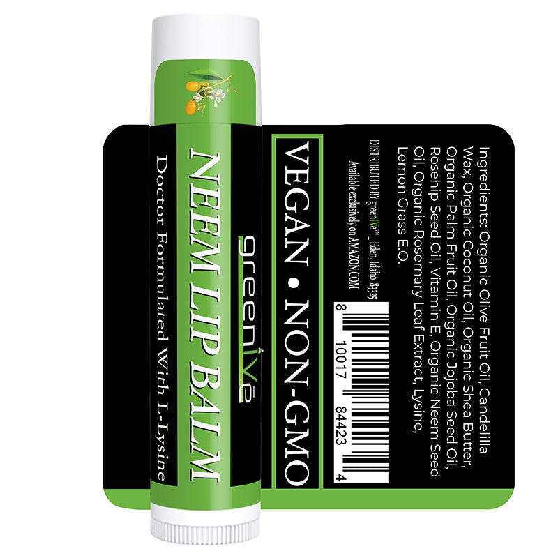 Green lip balm with branding and product details on a white background