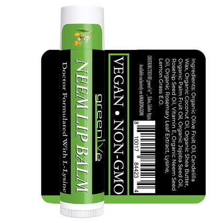 Green lip balm with branding and product details on a white background