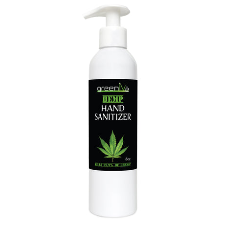 Hand sanitizer bottle with a green leaf logo on a white background