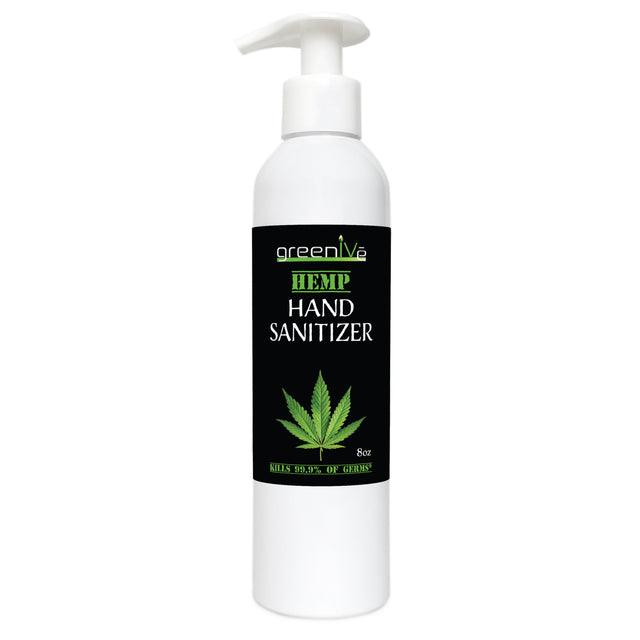 Hand sanitizer bottle with a green leaf logo on a white background
