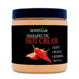 Jar of greenlive Therapeutic Hot Cream with a black label featuring chili peppers.