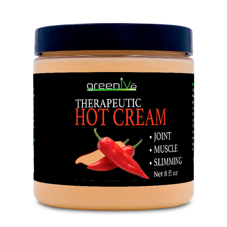 Jar of greenlive Therapeutic Hot Cream with a black label featuring chili peppers.
