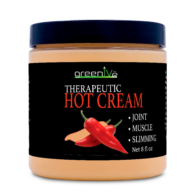 Jar of greenlive Therapeutic Hot Cream with a black label featuring chili peppers.
