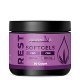 Purple container of greenive Rest Softgels with black lid on a white background