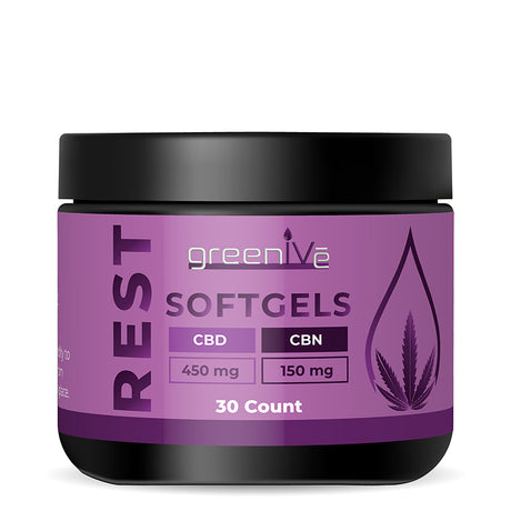Purple container of greenive Rest Softgels with black lid on a white background