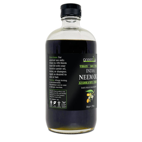 Bottle of greenlife Indian Neem Oil on a white background
