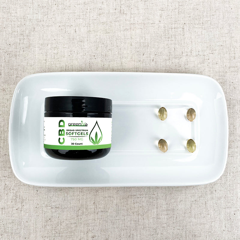 GreenIVe Broad Spectrum CBD Softgels 750mg on a plate